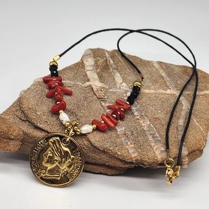 ZARA Golden Coin Necklace Pendant Goldplated Natural Coral Pearl